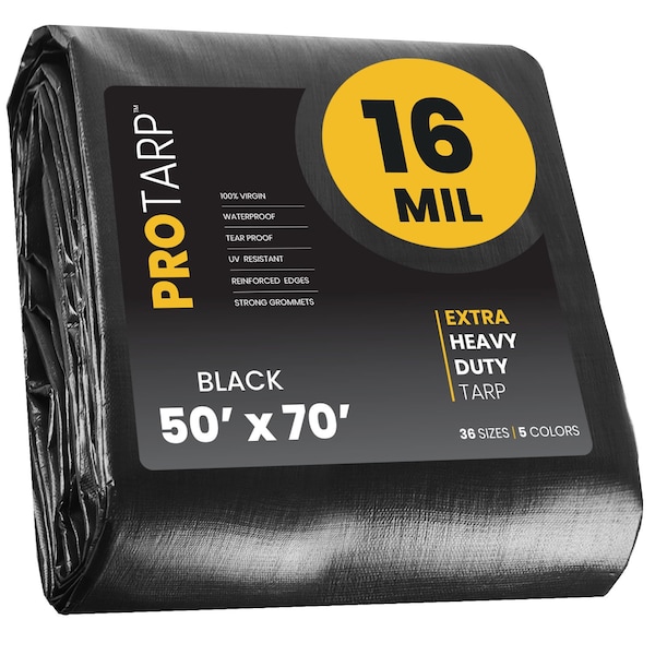 Protarp Heavy Duty Tarp, 50 ft x 70 ft, 16 Mil, Black, Polyethylene PT-106-50X70 - main